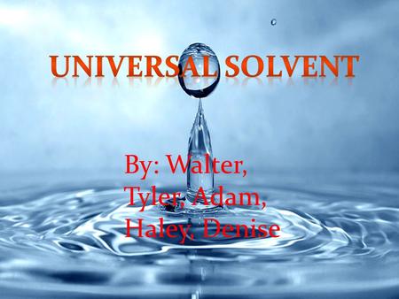 Universal Solvent By: Walter, Tyler, Adam, Haley, Denise.