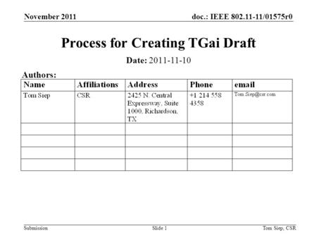 Doc.: IEEE 802.11-11/01575r0 Submission November 2011 Tom Siep, CSRSlide 1 Process for Creating TGai Draft Date: 2011-11-10 Authors: