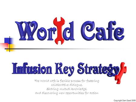 Copyright Sam Saad 2008 The World cafe is flexible process for fostering collaborative dialogue, Sharing mutual knowledge, and discovering new opportunities.