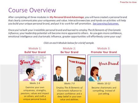 Course Overview After completing all three modules in My Personal Brand Advantage, you will have created a personal brand that clearly communicates your.