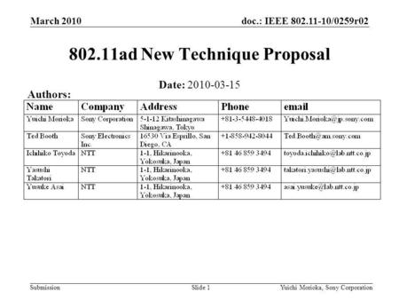 Doc.: IEEE 802.11-10/0259r02 Submission Date: 2010-03-15 802.11ad New Technique Proposal March 2010 Yuichi Morioka, Sony CorporationSlide 1 Authors: