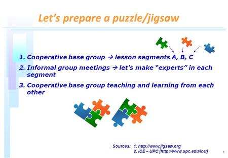 1 1.Cooperative base group lesson segments A, B, C 2.Informal group meetings lets make experts in each segment 3.Cooperative base group teaching and learning.