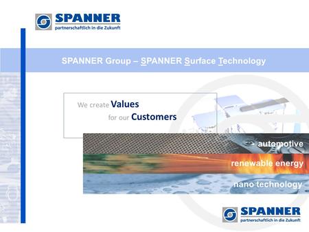 SPANNER Group – SPANNER Surface Technology We create Values for our Customers automotive renewable energy nano technology.