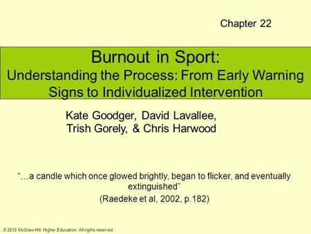 © 2010 McGraw-Hill Higher Education. All rights reserved. Burnout in Sport: Understanding the Process: From Early Warning Signs to Individualized Intervention.