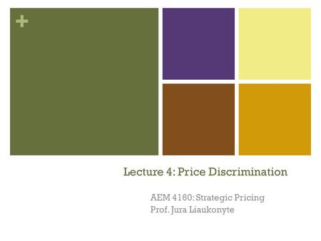 + Lecture 4: Price Discrimination AEM 4160: Strategic Pricing Prof. Jura Liaukonyte 1.