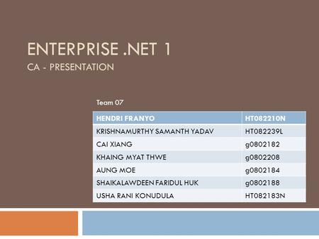 ENTERPRISE.NET 1 CA - PRESENTATION HENDRI FRANYOHT082210N KRISHNAMURTHY SAMANTH YADAVHT082239L CAI XIANGg0802182 KHAING MYAT THWEg0802208 AUNG MOEg0802184.