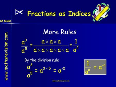 Www.mathsrevision.com More Rules By the division rule Fractions as Indices S4 Credit.