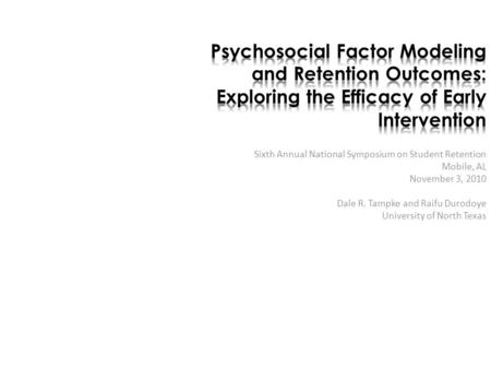 Sixth Annual National Symposium on Student Retention Mobile, AL November 3, 2010 Dale R. Tampke and Raifu Durodoye University of North Texas.