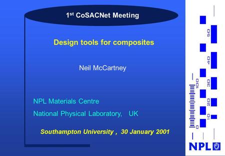 1 st CoSACNet Meeting Neil McCartney NPL Materials Centre National Physical Laboratory, UK Southampton University, 30 January 2001 Design tools for composites.