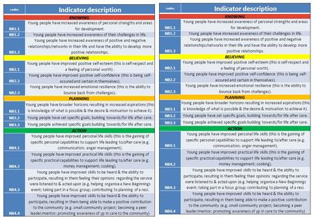 Codes Indicator description KNOWING NB1.1 Young people have increased awareness of personal strengths and areas for development. NB1.2 Young people have.