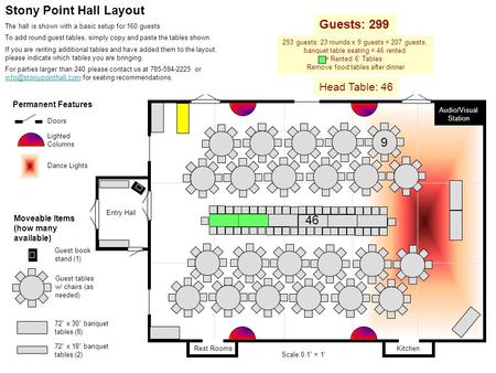 Rest Rooms Kitchen Entry Hall Doors Lighted Columns Scale 0.1 = 1 Guest tables w/ chairs (as needed) 72 x 30 banquet tables (8) 72 x 18 banquet tables.