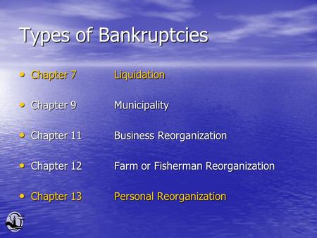 Types of Bankruptcies Chapter 7Liquidation Chapter 7Liquidation Chapter 9Municipality Chapter 9Municipality Chapter 11Business Reorganization Chapter 11Business.