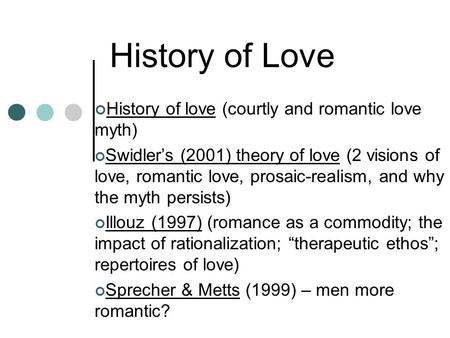 History of Love History of love (courtly and romantic love myth) Swidlers (2001) theory of love (2 visions of love, romantic love, prosaic-realism, and.