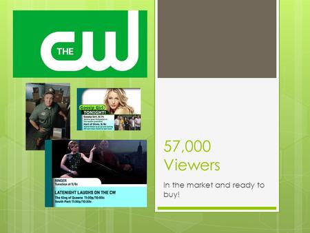 57,000 Viewers In the market and ready to buy!. The CW 46 Audience: Growing by Leaps and Bounds.