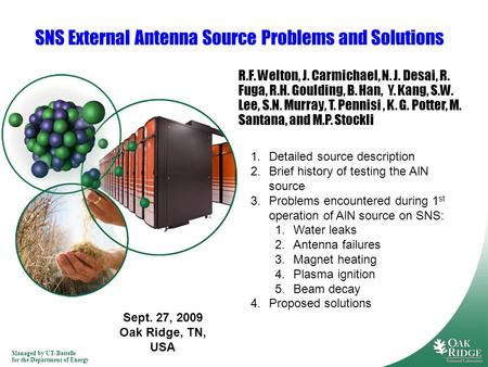 Managed by UT-Battelle for the Department of Energy Sept. 27, 2009 Oak Ridge, TN, USA SNS External Antenna Source Problems and Solutions R.F. Welton, J.