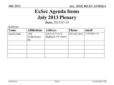 Submission doc.: IEEE 802-EC-13/0033r1 July 2013 Jon Rosdahl, CSRSlide 1 ExSec Agenda Items July 2013 Plenary Date: 2013-07-19 Authors: