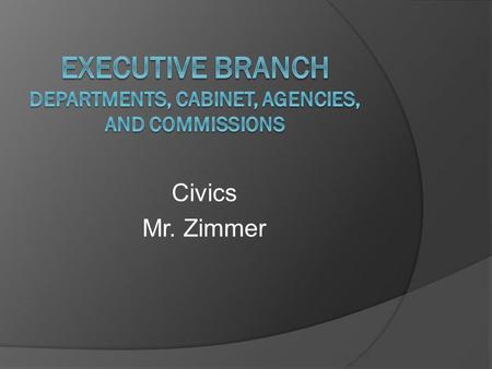 Civics Mr. Zimmer. The Executive Departments and the Cabinet The President is assisted by an office staff and 15 cabinet departments Each department has.