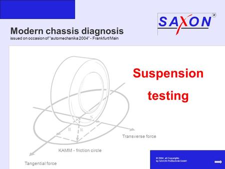 Modern chassis diagnosis issued on occasion of automechanika 2004 - Frankfurt/Main Transverse force Tangential force KAMM - friction circle Suspension.