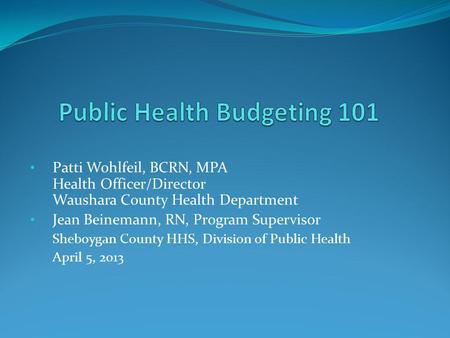 Patti Wohlfeil, BCRN, MPA Health Officer/Director Waushara County Health Department Jean Beinemann, RN, Program Supervisor Sheboygan County HHS, Division.