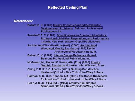 References: Ballast, D. K. (2002). Interior Construction and Detailing for Designers and Architects. Belmont: Professional Publications, Inc Reznikoff,