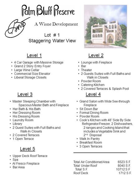 Lot # 1 Staggering Water View Total Air Conditioned Area 6523 S.F. Total Under Roof 8040 S.F. Total S.F. 10712 S.F Roof Deck 1712 S.F. _____________________.