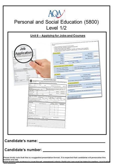 Personal and Social Education (5800) Level 1/2 Candidates name: ________________________________ Candidates number: ______________________________ Unit.