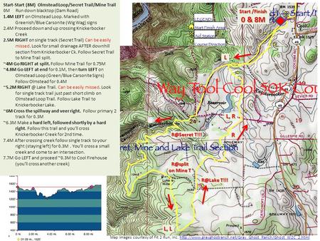 Start /Finish 0 & 8M Start-Start (8M) Olmstead Loop/Secret Trail/Mine Trail 0M Run down blacktop (Dam Road) 1.4M LEFT on Olmstead Loop. Marked with Greenish/Blue.