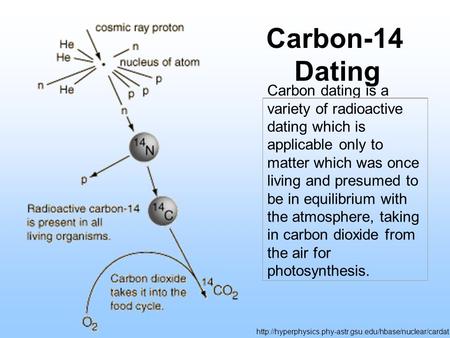 Carbon-14 Dating Carbon dating is a variety of radioactive dating which is applicable only to matter which was once living and presumed to be in equilibrium.