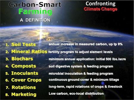 Confronting Climate Change A DEFINITION 1. Soil Tests 3. Biochars 4. Composts 5. Inoculants 2. Mineral Ratios 6. Cover Crops 7. Rotations 8. Marketing.