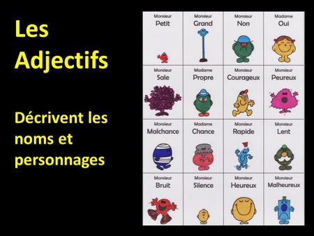 Les Adjectifs Décrivent les noms et personnages.