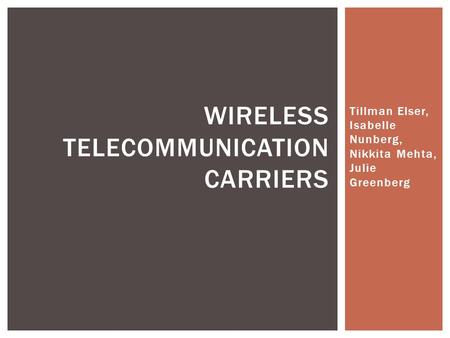 Tillman Elser, Isabelle Nunberg, Nikkita Mehta, Julie Greenberg WIRELESS TELECOMMUNICATION CARRIERS.