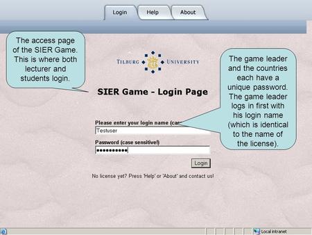 The game leader and the countries each have a unique password. The game leader logs in first with his login name (which is identical to the name of the.