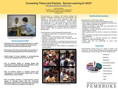 Connecting Theory and Practice: Service-Learning at UNCP Danielle Holloway and Robert Sam Service-Learning The Office for Community and Civic Engagement.