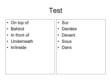 Test On top of Behind In front of Underneath In/inside Sur Derrière