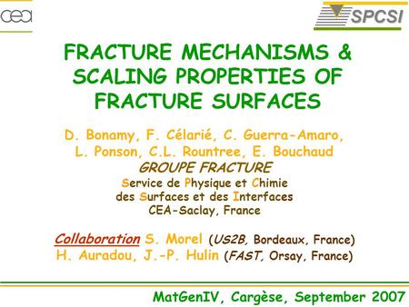 D. Bonamy, F. Célarié, C. Guerra-Amaro, L. Ponson, C.L. Rountree, E. Bouchaud GROUPE FRACTURE Service de Physique et Chimie des Surfaces et des Interfaces.