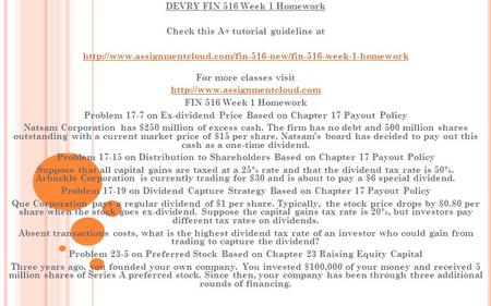 DEVRY FIN 516 Week 1 Homework Check this A+ tutorial guideline at  For more classes visit.