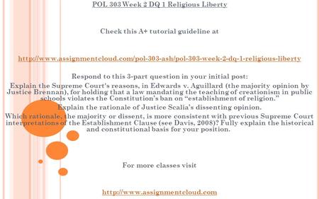 POL 303 Week 2 DQ 1 Religious Liberty Check this A+ tutorial guideline at