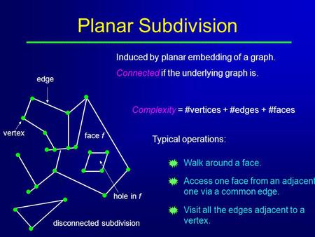 Planar Subdivision Induced by planar embedding of a graph. Connected if the underlying graph is. edge vertex hole in f face f disconnected subdivision.