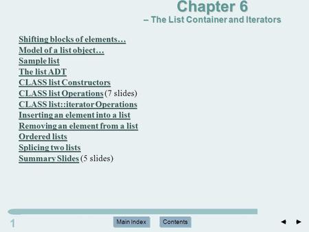 Main Index Contents 11 Main Index Contents Shifting blocks of elements… Shifting blocks of elements… Model of a list object… Model of a list object… Sample.