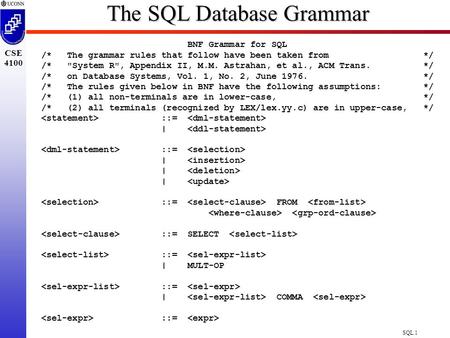 SQL.1 CSE 4100 The SQL Database Grammar BNF Grammar for SQL /* The grammar rules that follow have been taken from */ /* System R, Appendix II, M.M. Astrahan,