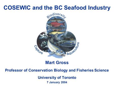 COSEWIC and the BC Seafood Industry Mart Gross Professor of Conservation Biology and Fisheries Science University of Toronto 7 January 2004.