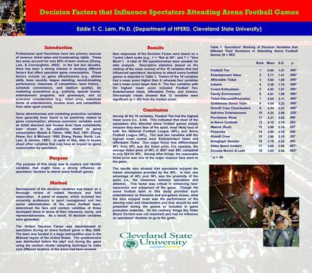 Decision Factors that Influence Spectators Attending Arena Football Games Eddie T. C. Lam, Ph.D. (Department of HPERD, Cleveland State University) Introduction.