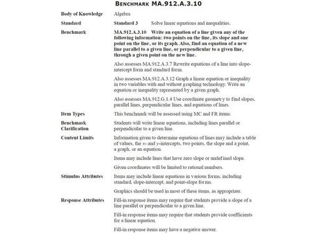 MA.912.A.3.10: Write an equation of a line given: two points on a line, the slope and one point on a line, or its graph. Also find the equation of new.