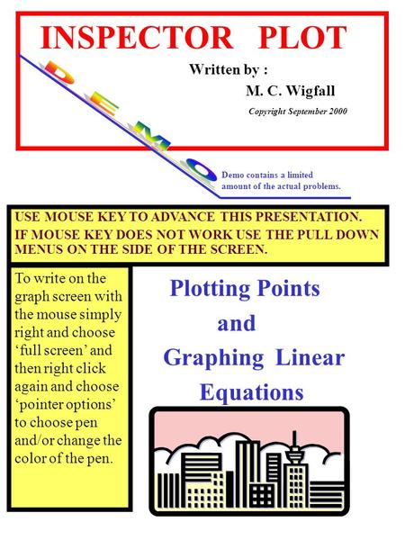 INSPECTOR PLOT Written by : M. C. Wigfall Plotting Points and Graphing Linear Equations Copyright September 2000 Demo contains a limited amount of the.