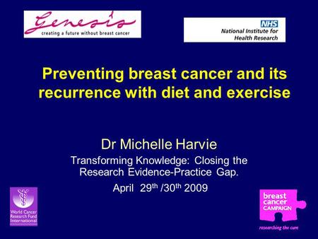 Preventing breast cancer and its recurrence with diet and exercise Dr Michelle Harvie Transforming Knowledge: Closing the Research Evidence-Practice Gap.