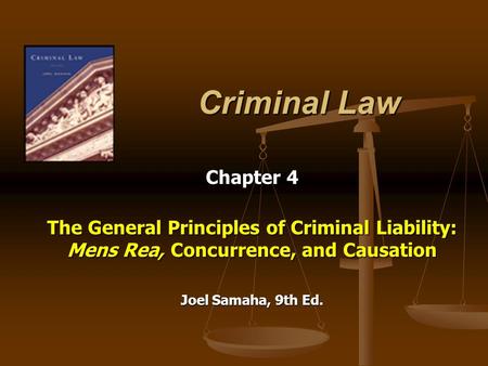 Criminal Law Chapter 4 The General Principles of Criminal Liability: Mens Rea, Concurrence, and Causation Joel Samaha, 9th Ed.