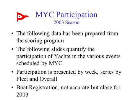 MYC Participation 2003 Season The following data has been prepared from the scoring program The following slides quantify the participation of Yachts in.