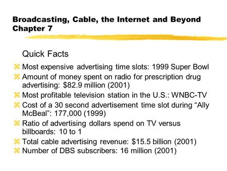 Broadcasting, Cable, the Internet and Beyond Chapter 7 Quick Facts zMost expensive advertising time slots: 1999 Super Bowl zAmount of money spent on radio.