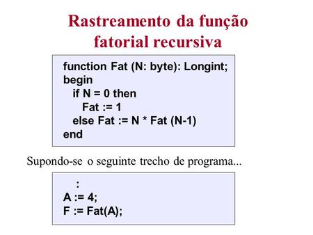 Rastreamento da função fatorial recursiva function Fat (N: byte): Longint; begin if N = 0 then Fat := 1 else Fat := N * Fat (N-1) end Supondo-se o seguinte.