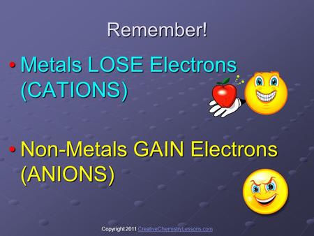 Copyright 2011 CreativeChemistryLessons.comCreativeChemistryLessons.comRemember! Metals LOSE Electrons (CATIONS)Metals LOSE Electrons (CATIONS) Non-Metals.